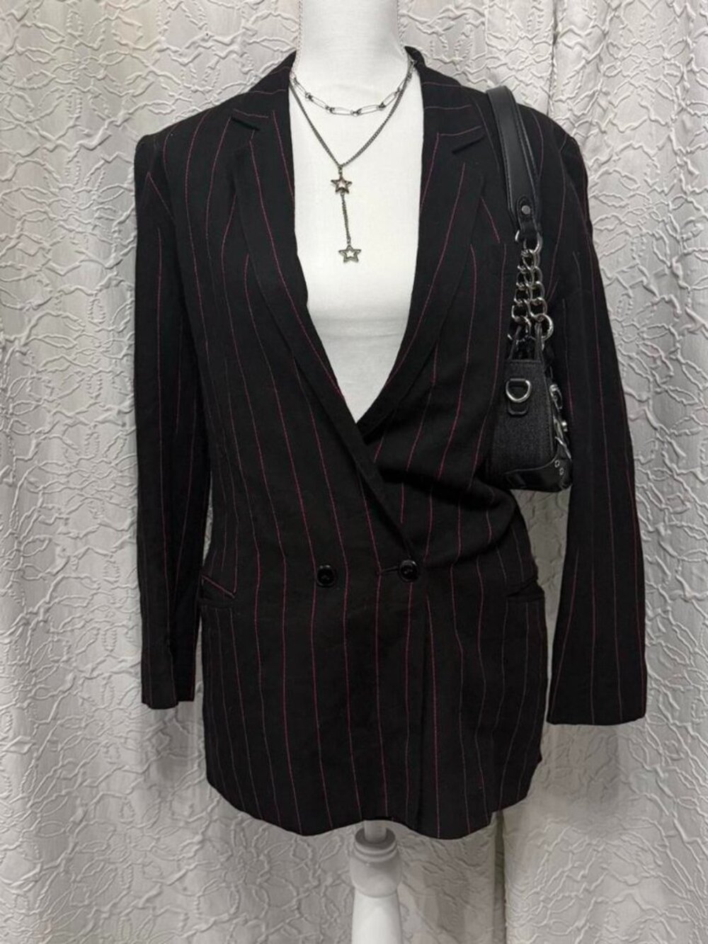 Women's Black & Red Pinstripe Double Breasted Blazer